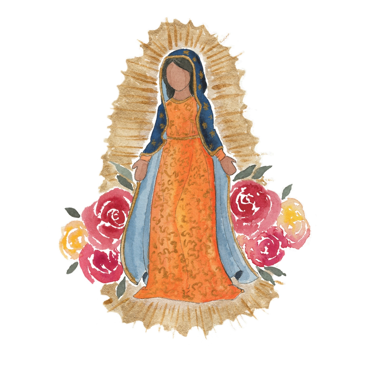 A watercolor painting of Our Lady of Guadalupe surrounded by roses. Bilingual admissions card for Catholic schools.