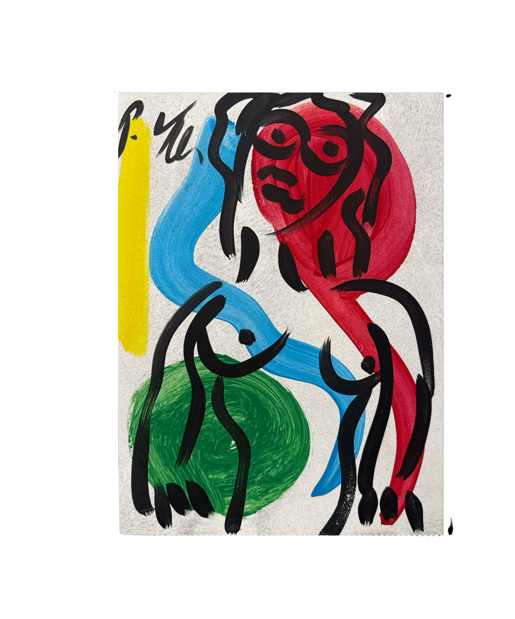 Abstract painting of two women figures in black lines with red, blue, green, and yellow shapes.