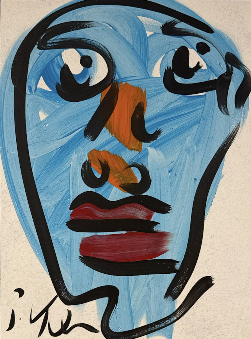 Abstract face with blue textured background, bold black lines, orange nose, and red lips.