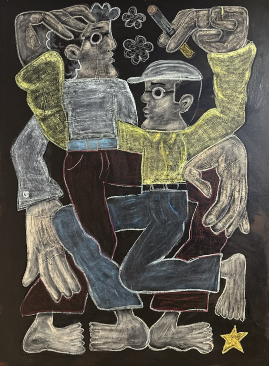 Chalk drawing of two abstract figures dancing, one holding a cigar, with yellow star on blackboard.