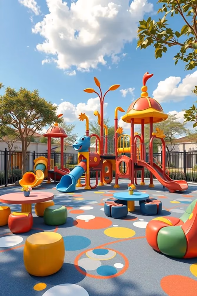 Colorful outdoor recreation court with play structures and sports areas