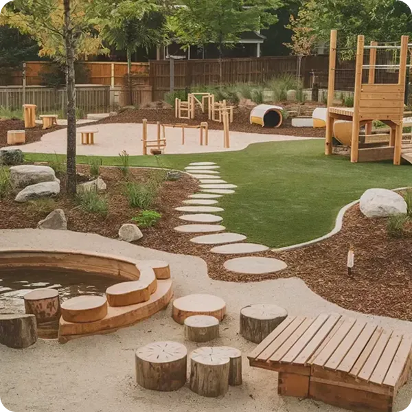 Natural play area with timber climbing structures, stepping logs, and landscaped paths