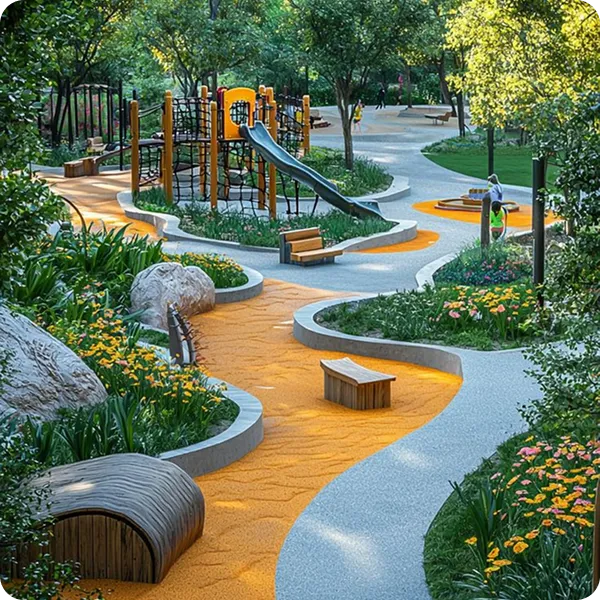 Landscaped playground with slides, winding paths, seating, and planted gardens