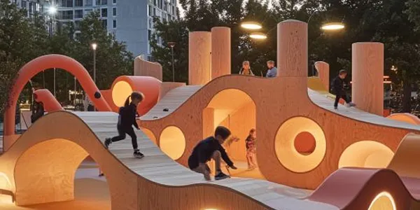 Children climbing on sculptural orange and white play structures in an urban plaza