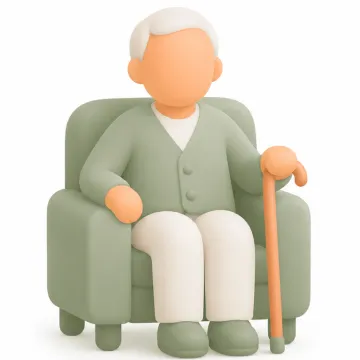 Senior seated in an armchair with a cane illustration