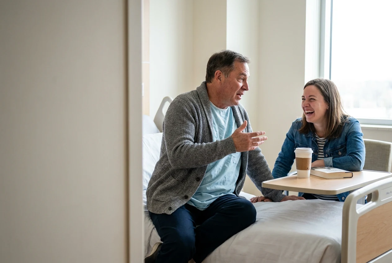 A man sits upright on the edge of a hospital bed, talking and gesturing, while his adult daughter listens from a chair facing him