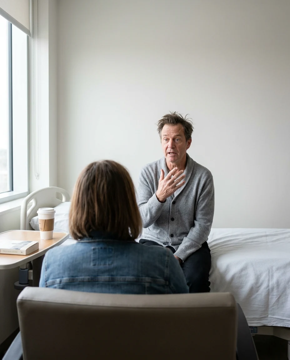 A man sits upright on the edge of a hospital bed, mid-conversation with his adult daughter seated in front of him