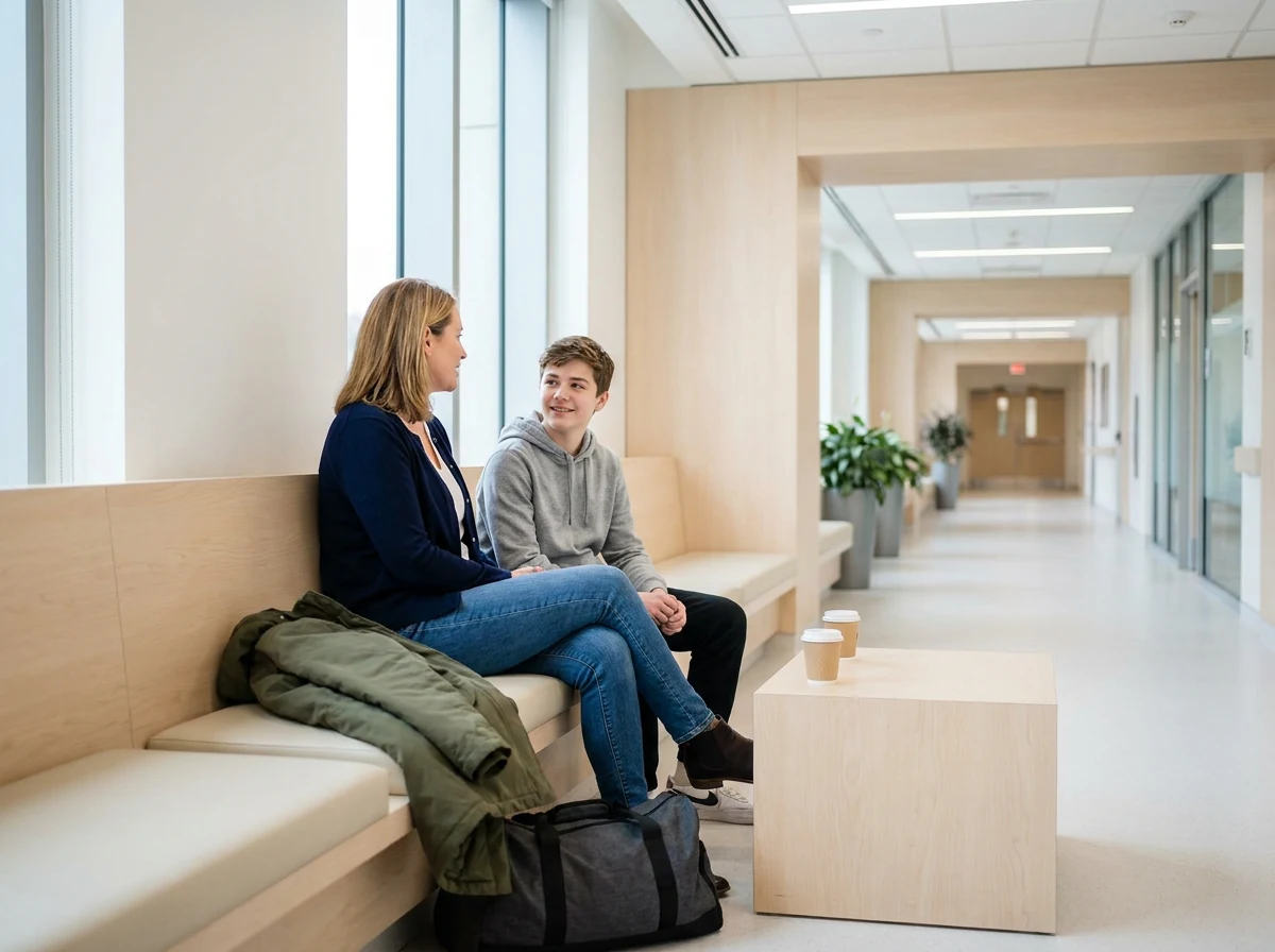 A mother and her teenage son sit together on a bench in a hospital family lounge, an overnight bag and coffee cups beside them