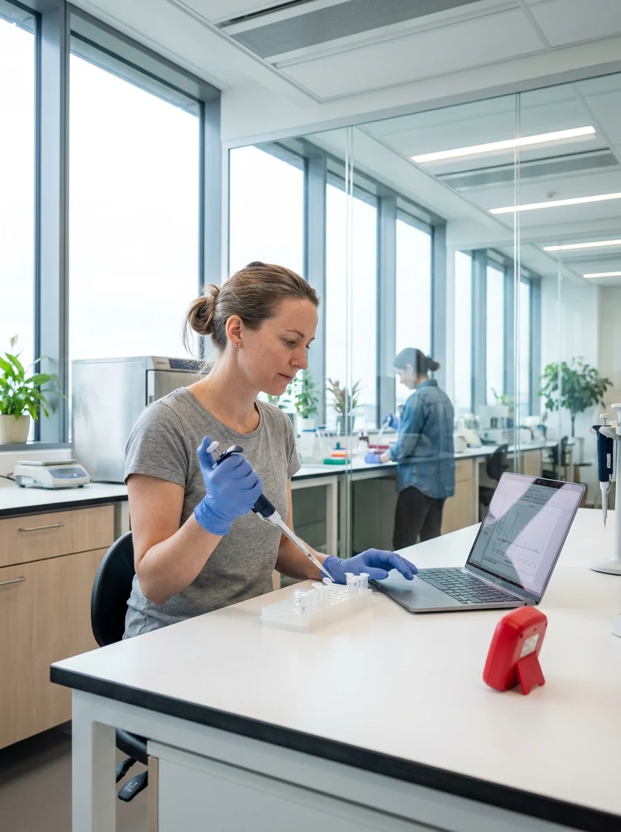 A researcher pipettes samples at a laboratory bench in a bright, modern lab