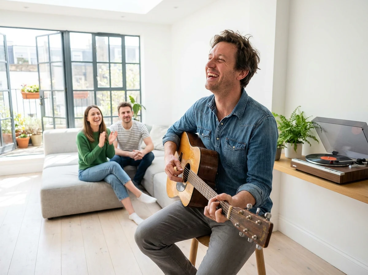A man plays an acoustic guitar in a sunlit living room while two friends listen from a sofa