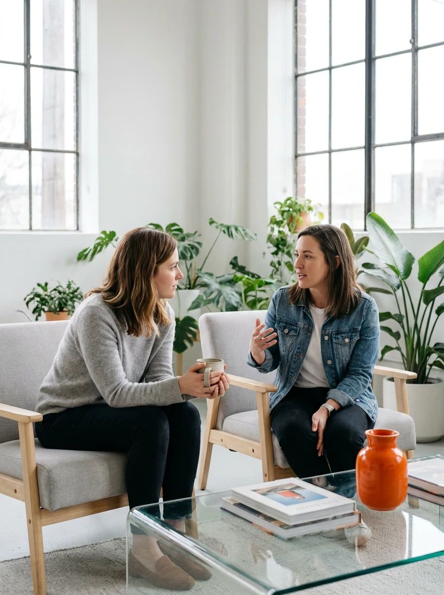 Two women in conversation in a bright room with plants and a large window