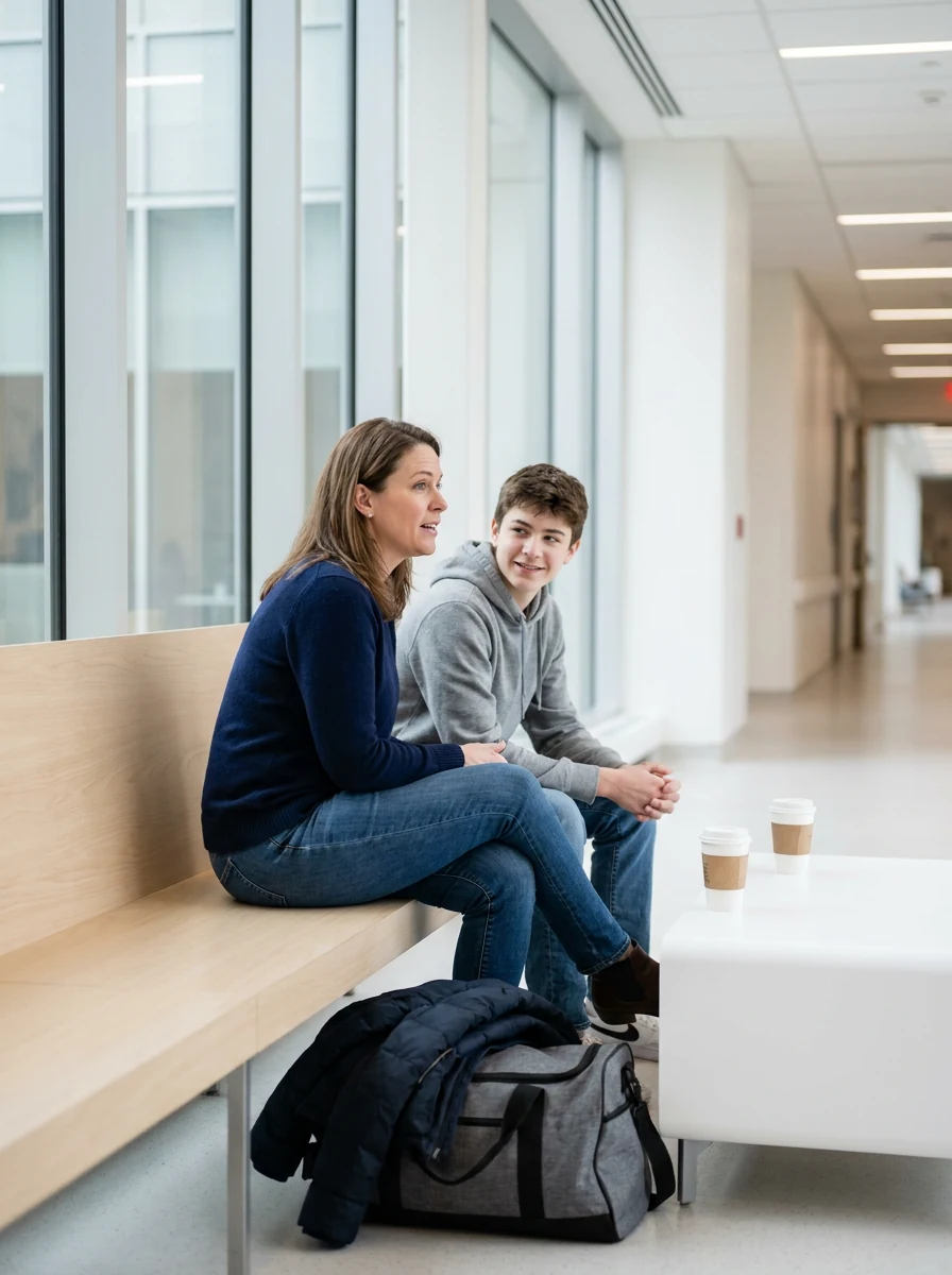 A mother and her teenage son sit talking on a bench in a hospital corridor, an overnight bag at their feet