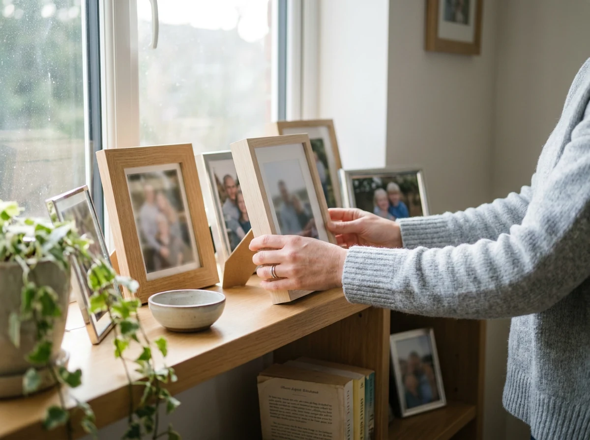 Hands place a framed family photograph onto a shelf beside other framed portraits, books and a plant