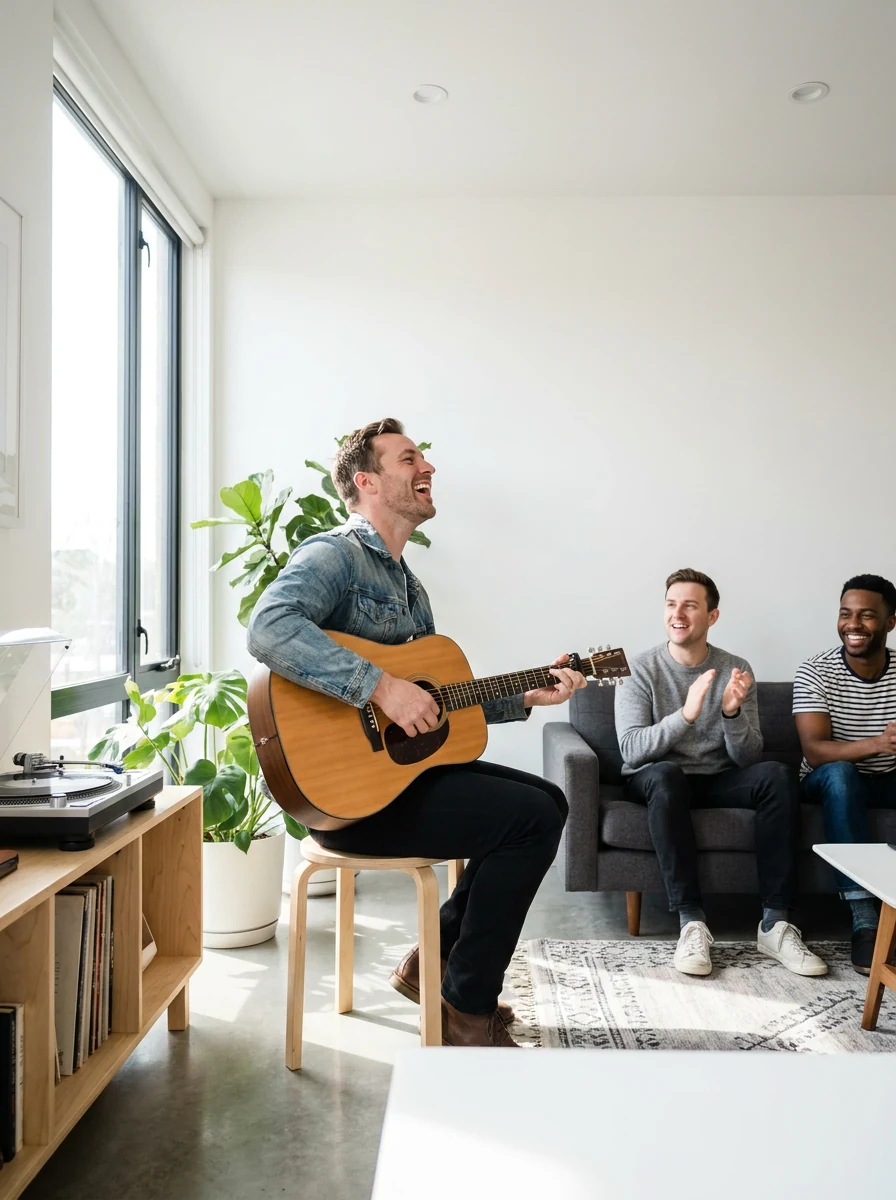A man plays an acoustic guitar at home while friends listen nearby