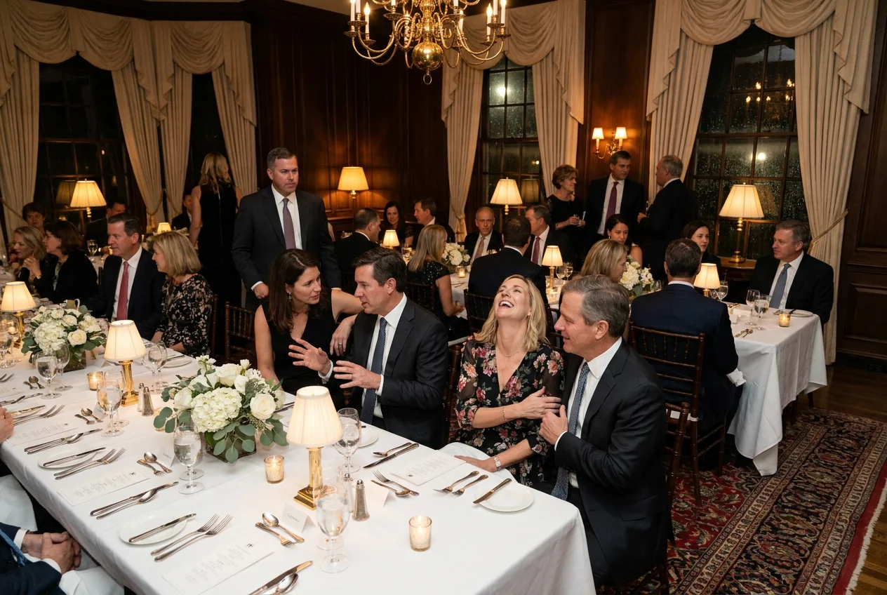 Guests in evening clothes talk around long tables set with white linen and candles in a private club dining room
