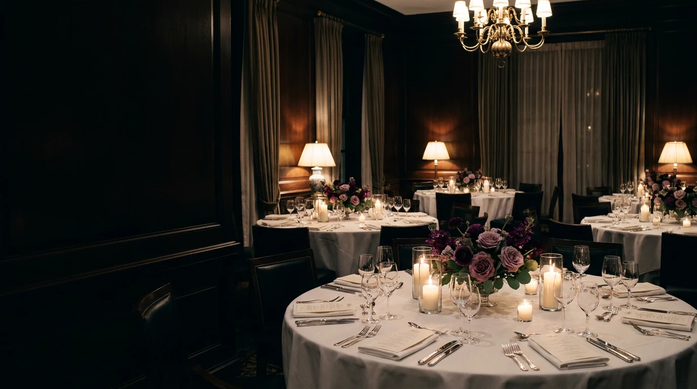 A private dining room set for the annual dinner — round tables in white linen, candles, roses and shaded lamps under a chandelier
