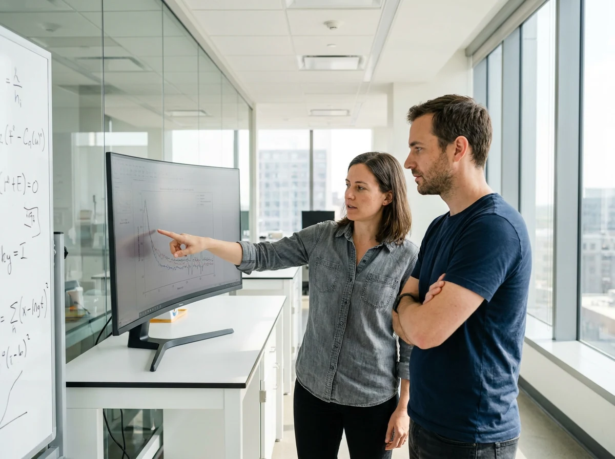 Two researchers stand at a monitor in a laboratory, discussing data on screen