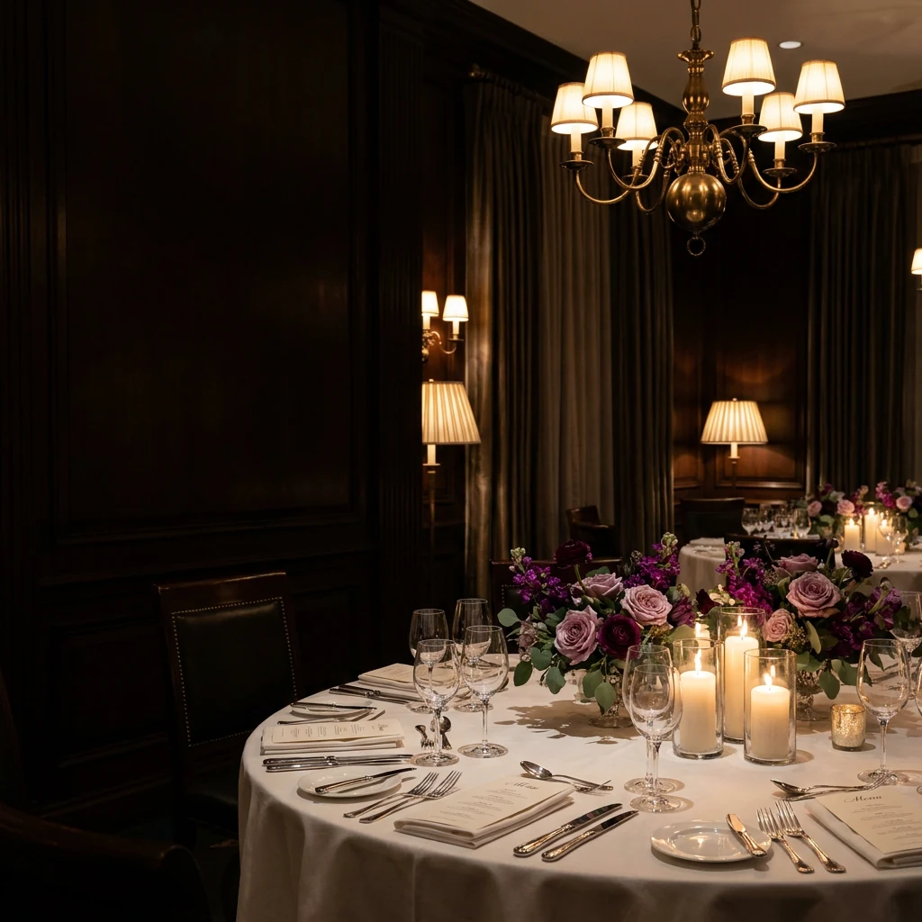 A private dining room set for the annual dinner — round tables in white linen, candles and roses under warm lamplight