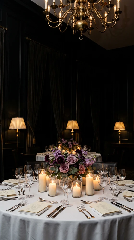 A dining table set with white linen, candles and roses in a softly lit private dining room