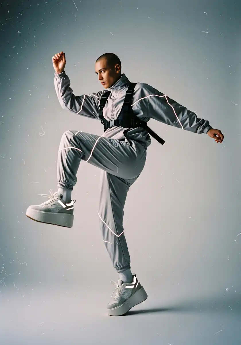 Woman striking a futuristic fashion pose with dynamic body movement.