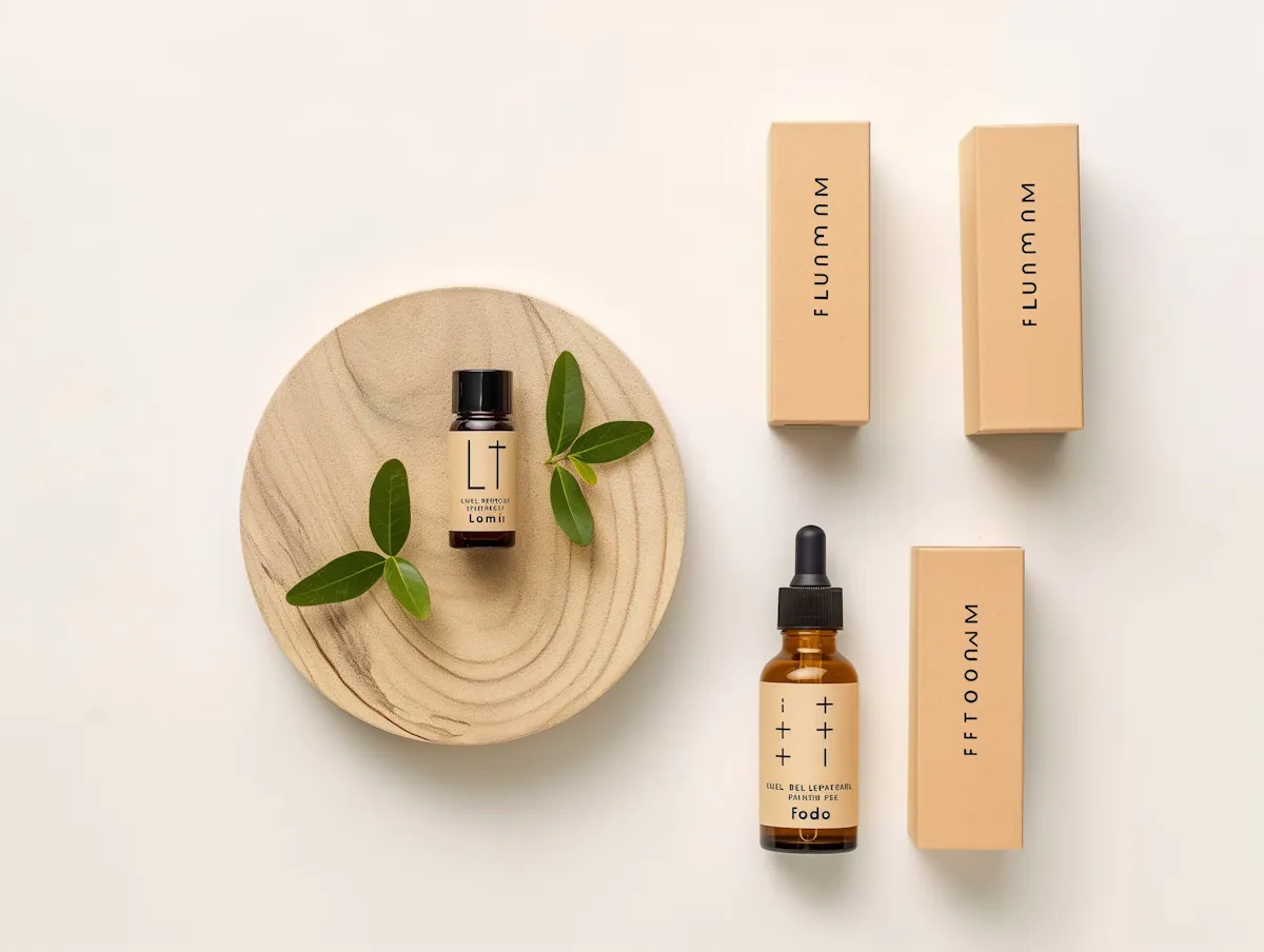 Cosmetic products arranged on a wooden plate with green leaves against a light background.