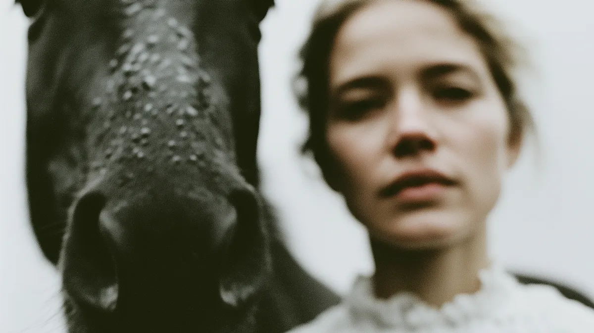 Woman beside a black horse in an intimate outdoor portrait.