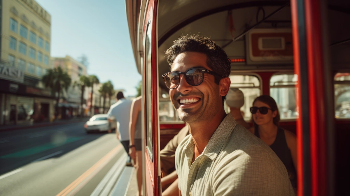 Smiling man wearing sunglasses riding a red vintage tram with other passengers on a sunny street.