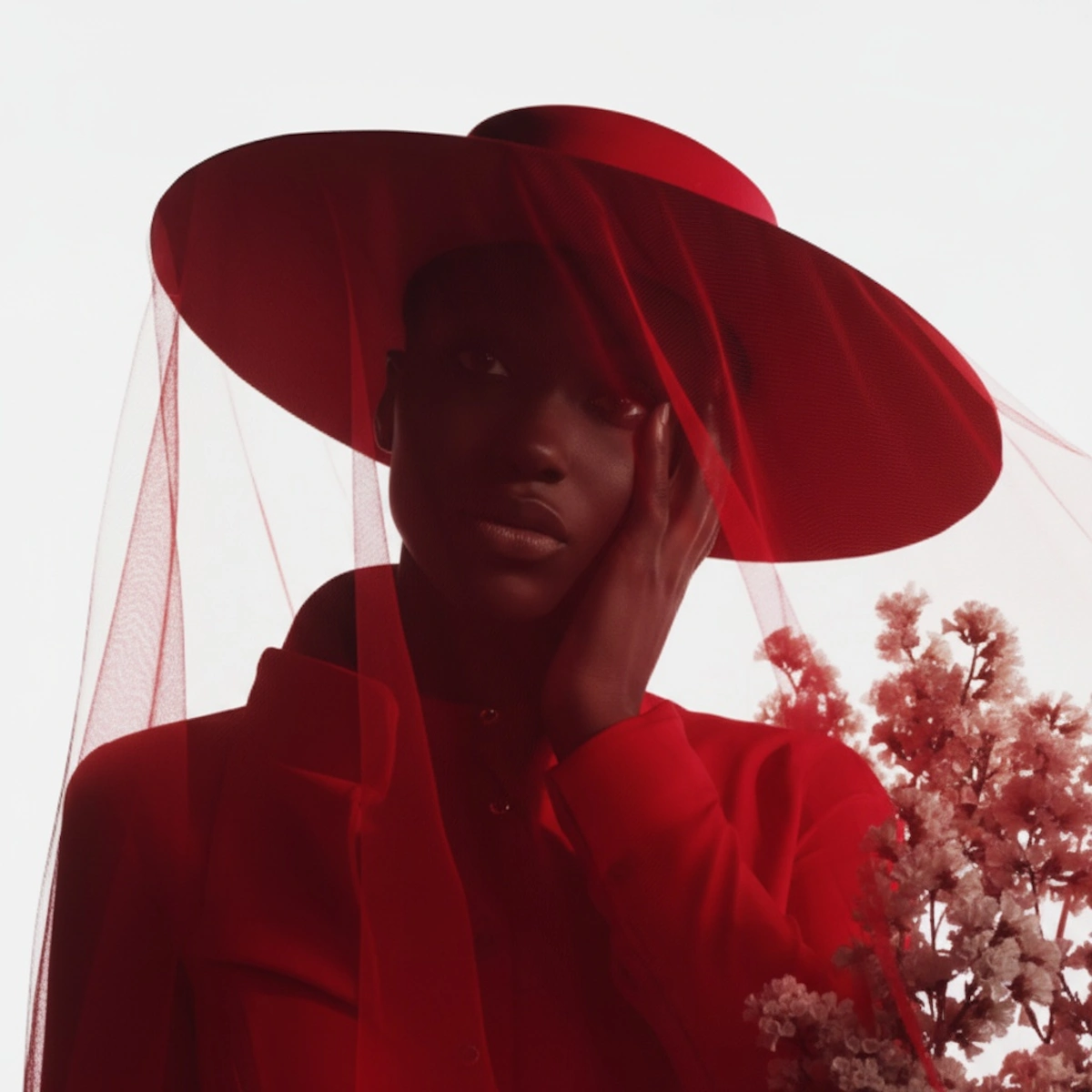 Elegant editorial portrait featuring a subject in vivid red styling.