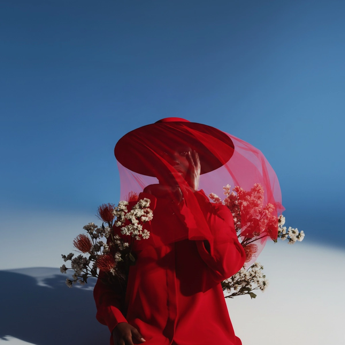 Elegant portrait styled with floral elements and a refined editorial mood.