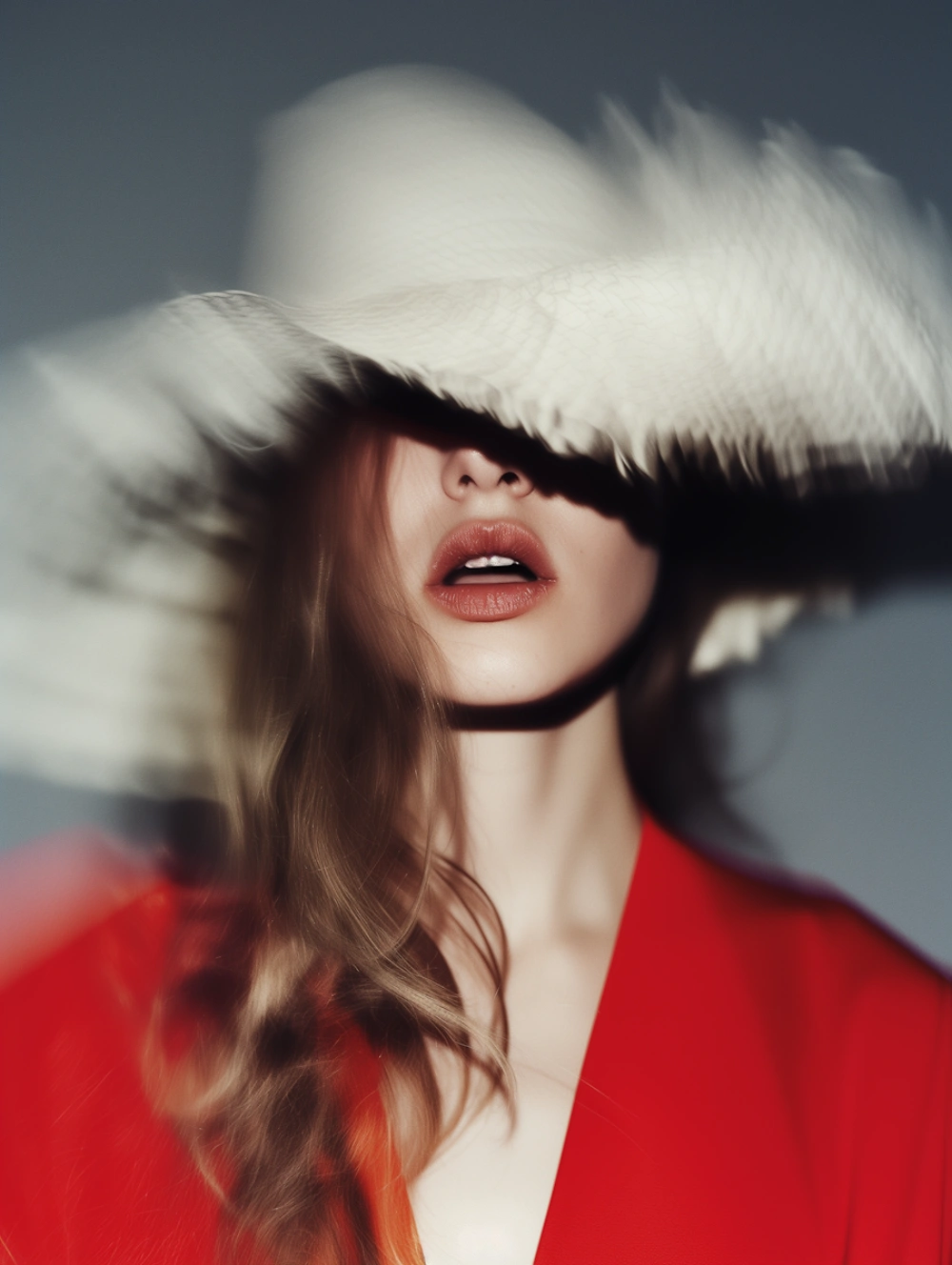 Woman wearing a white hat in an elegant editorial portrait.