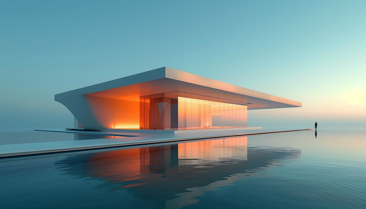 Modern architecture set in a calm, serene environment.