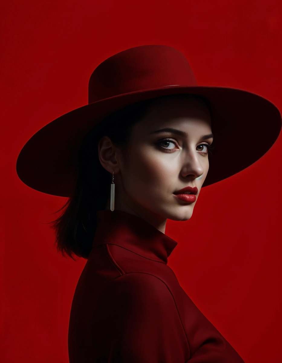 Bold editorial portrait featuring a subject against a vivid red backdrop.