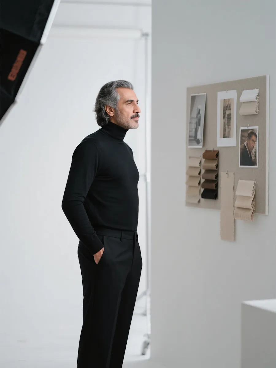 Man in black turtleneck and pants examining fabric samples and photos on a wall in a studio.