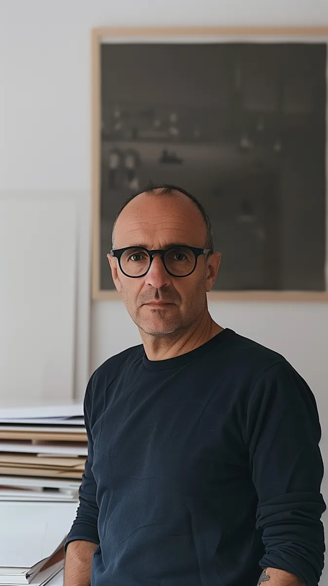 Middle-aged man with glasses wearing a black shirt in a modern indoor setting.