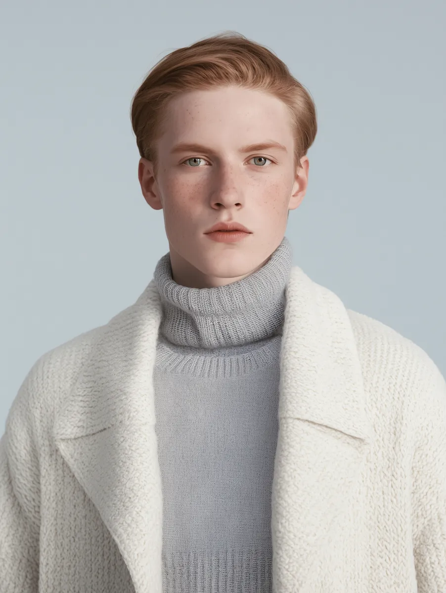 Young person with light red hair and freckles wearing a gray turtleneck and cream knit coat.