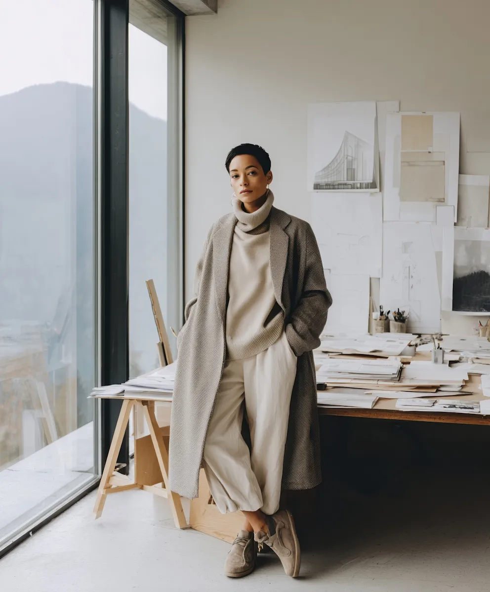 Woman in neutral coat and sweater standing by table with papers in modern studio near large window.