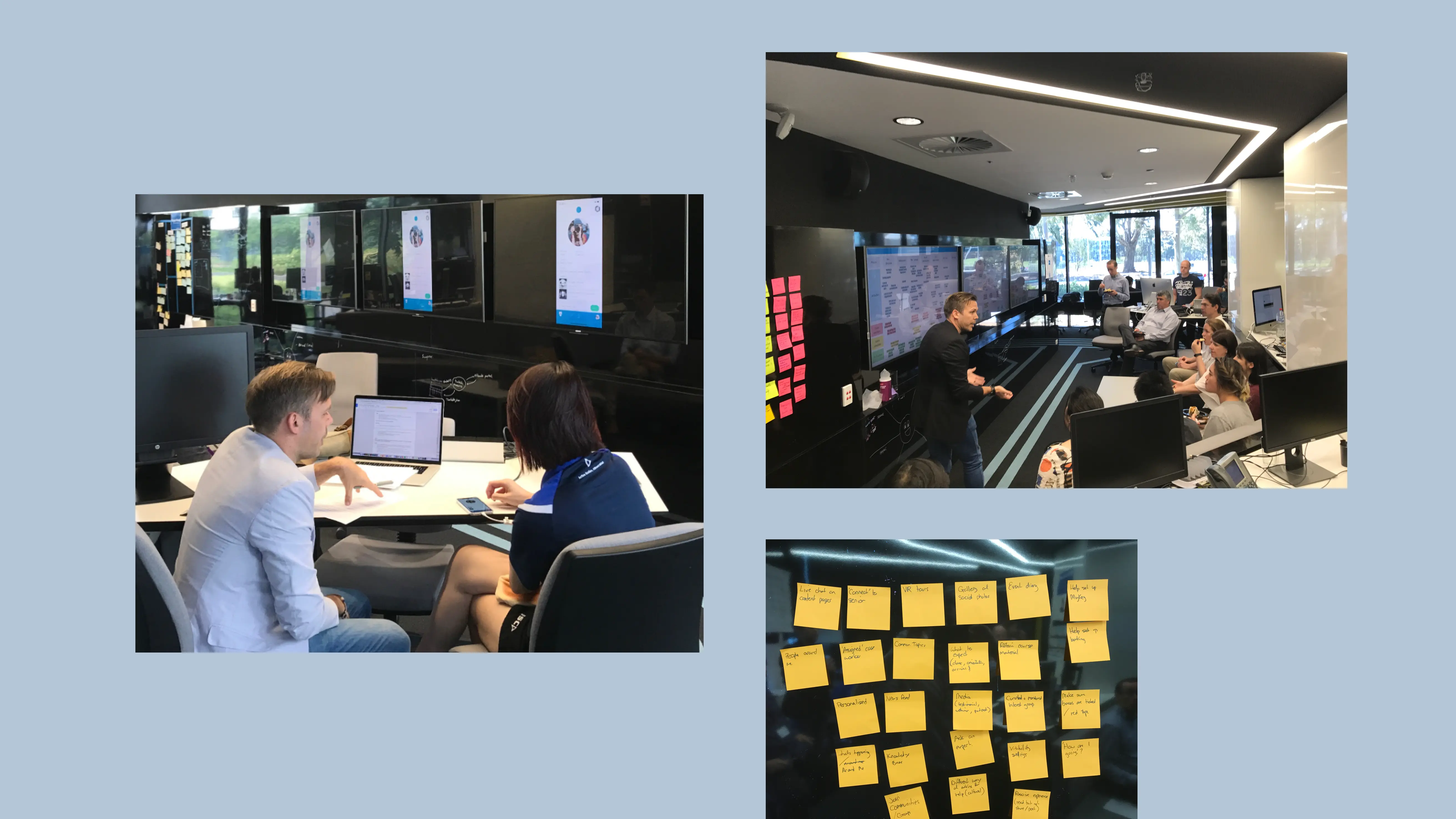 3 photos of upgrowth employees conducting an in person workshop with the client and users