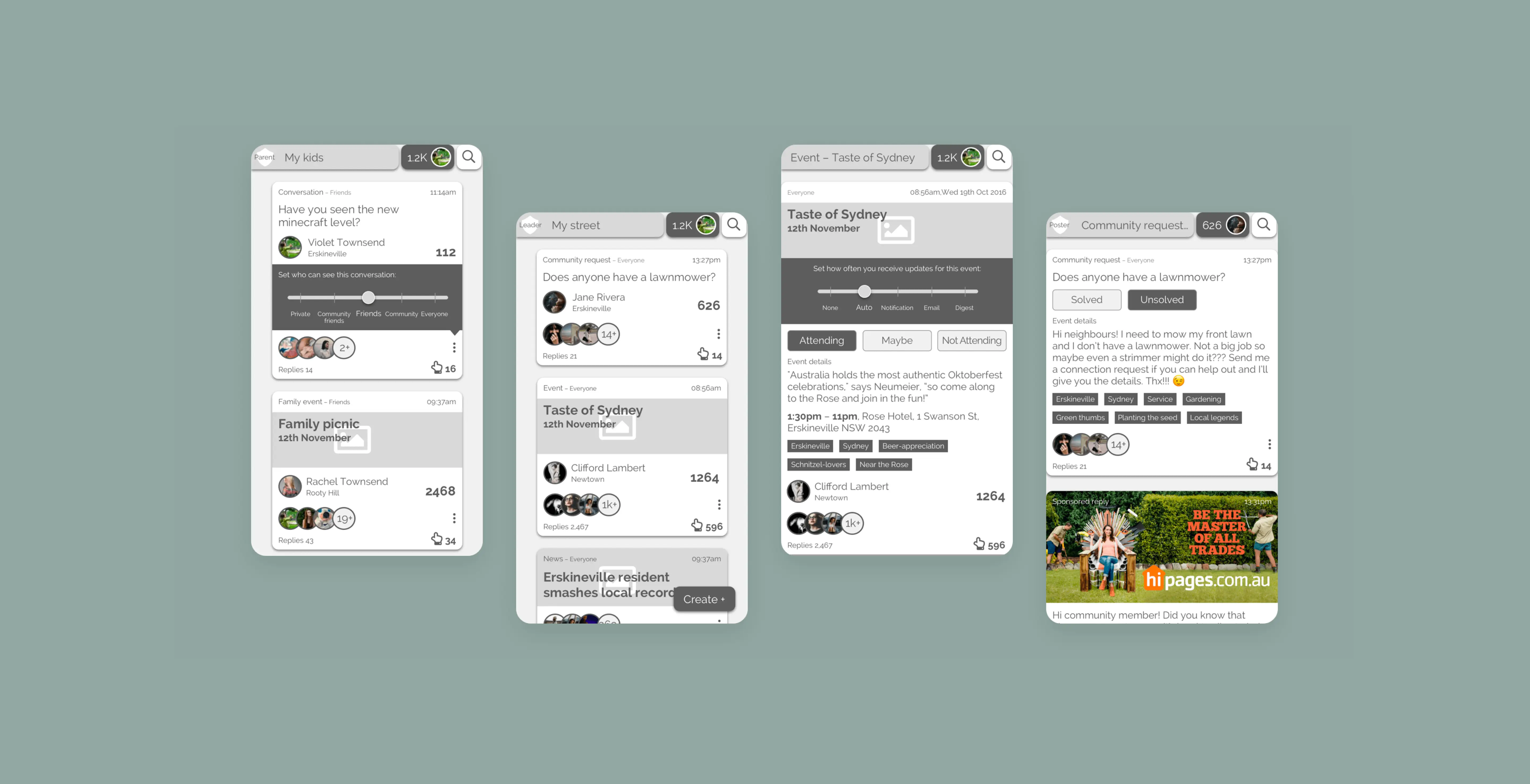 4 mobile screens of the concept