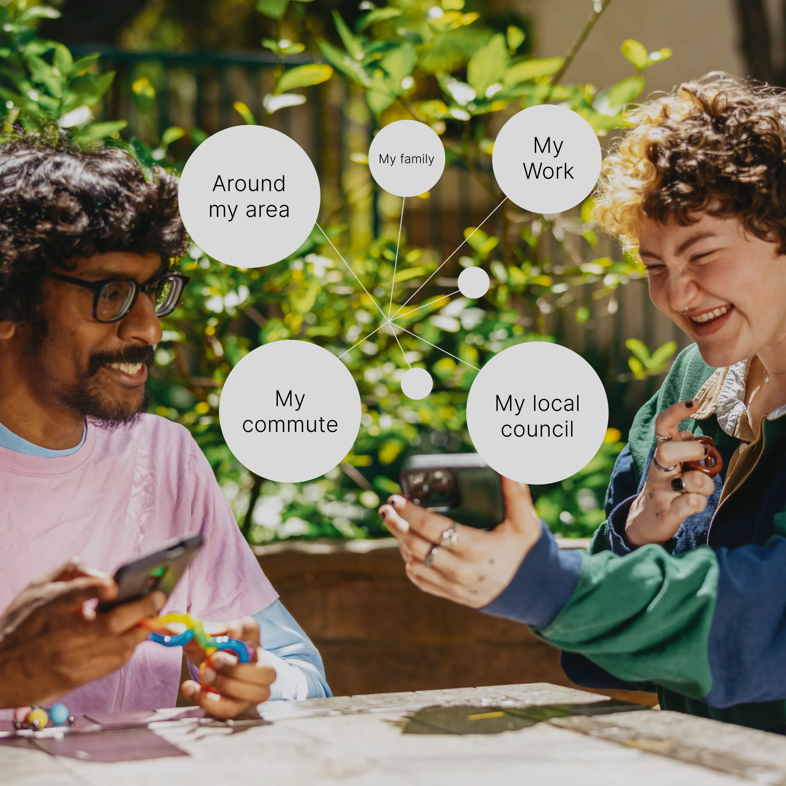 Two people talking with research insights layered on top