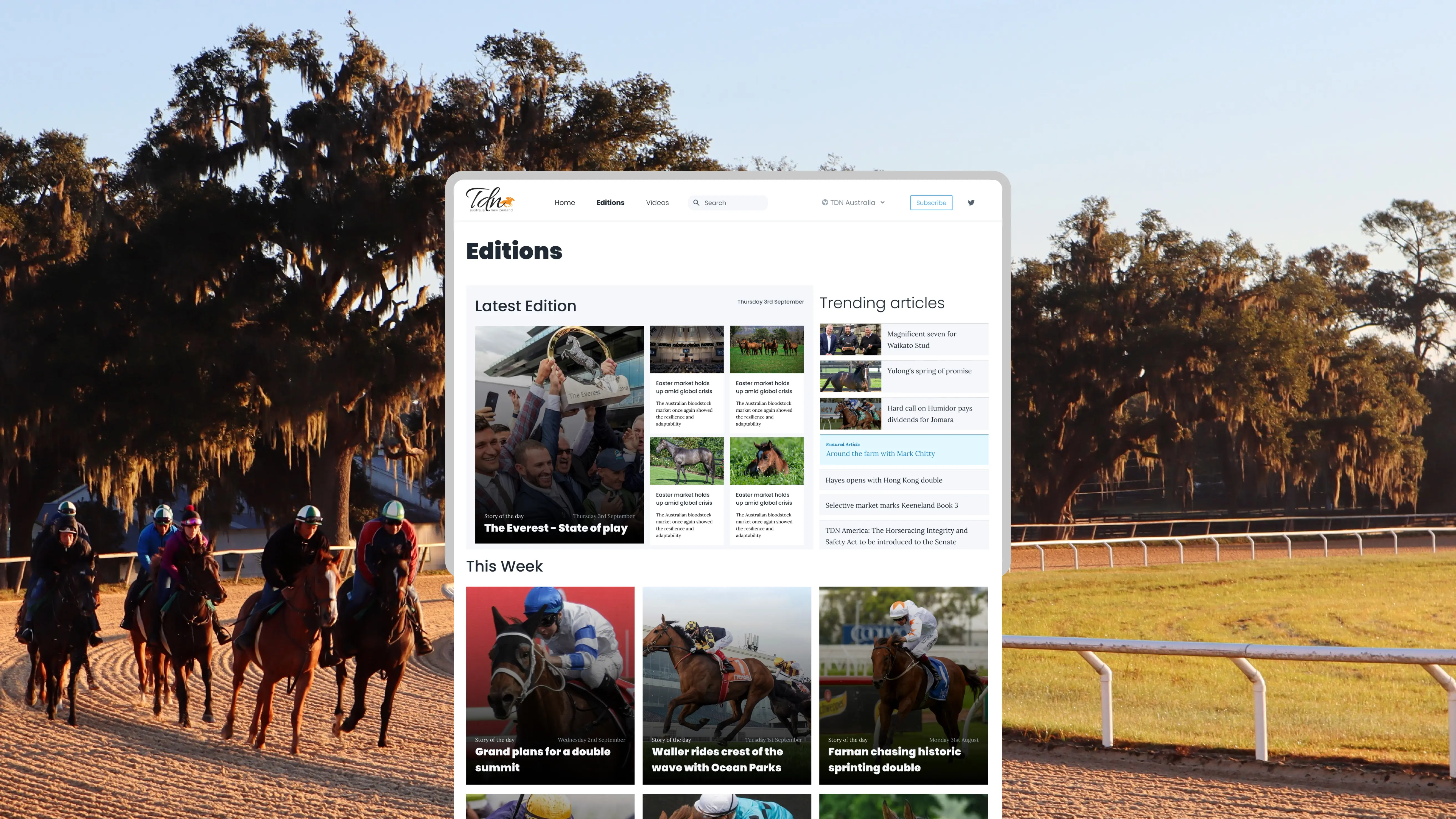 Main TDN home page screen mockup layered over a horse race image