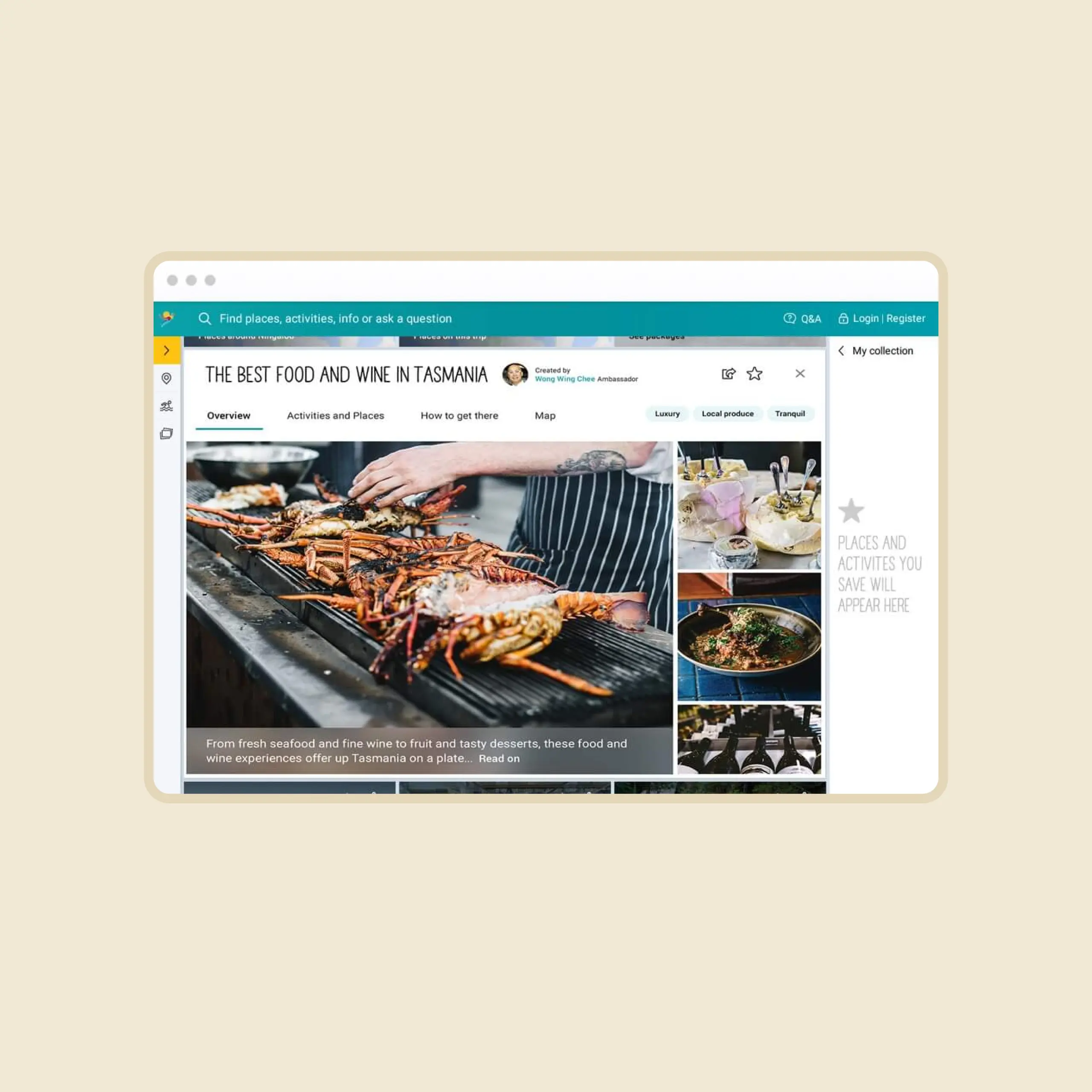 A desktop screen mockup of the concept for Tourism Australia