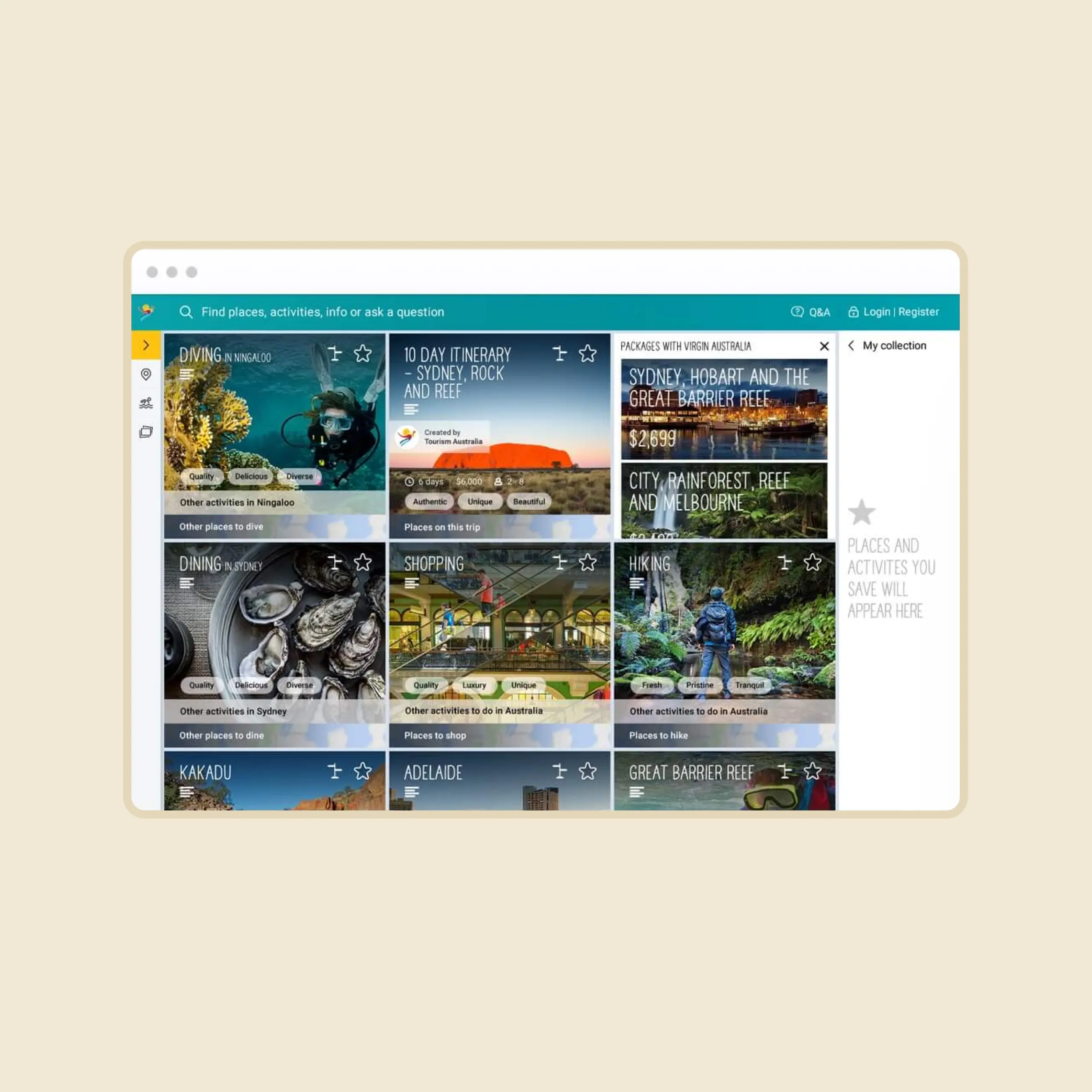 A desktop screen mockup of the concept for Tourism Australia