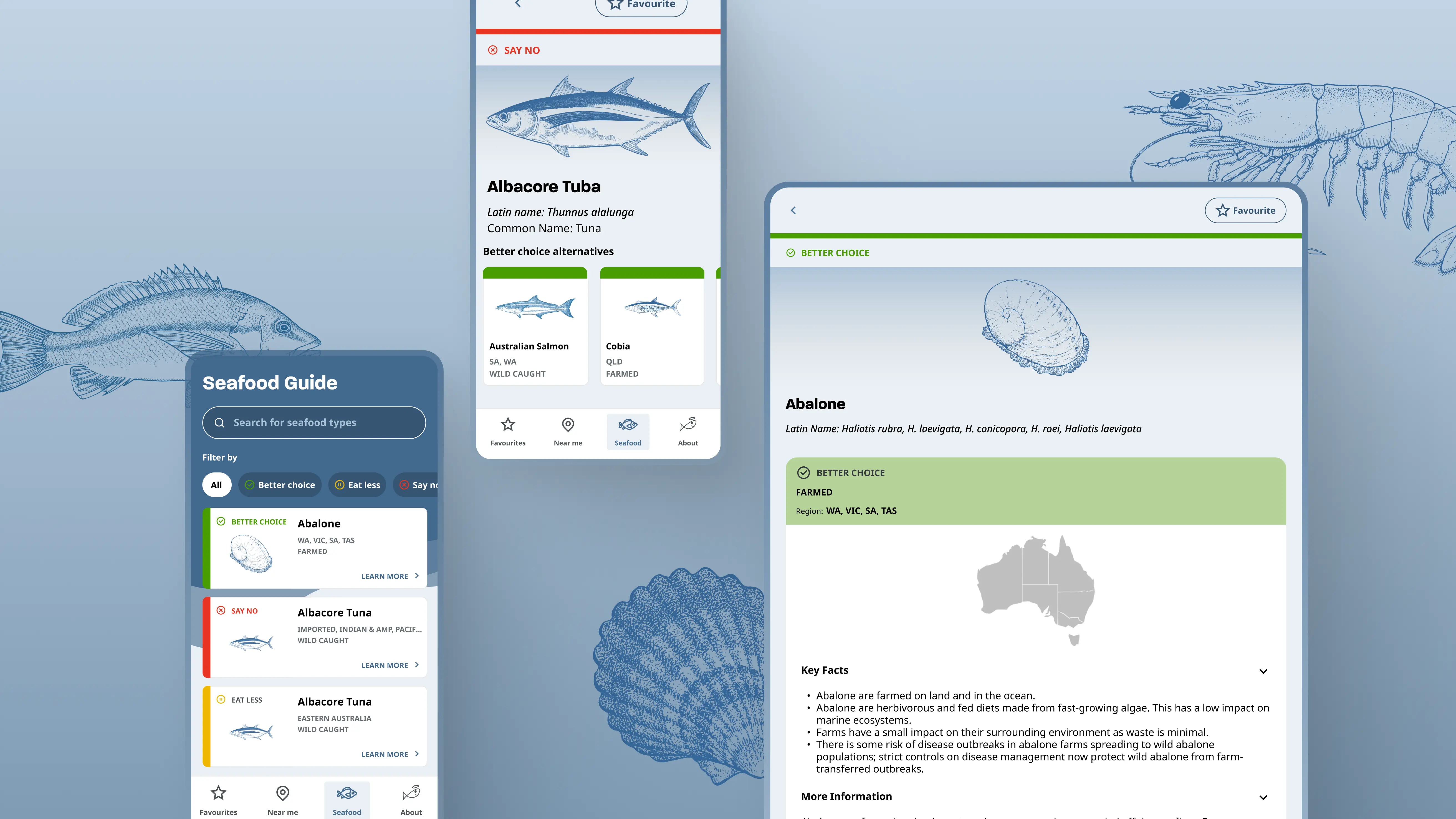 Tablet and phone screens showing the seafood guides