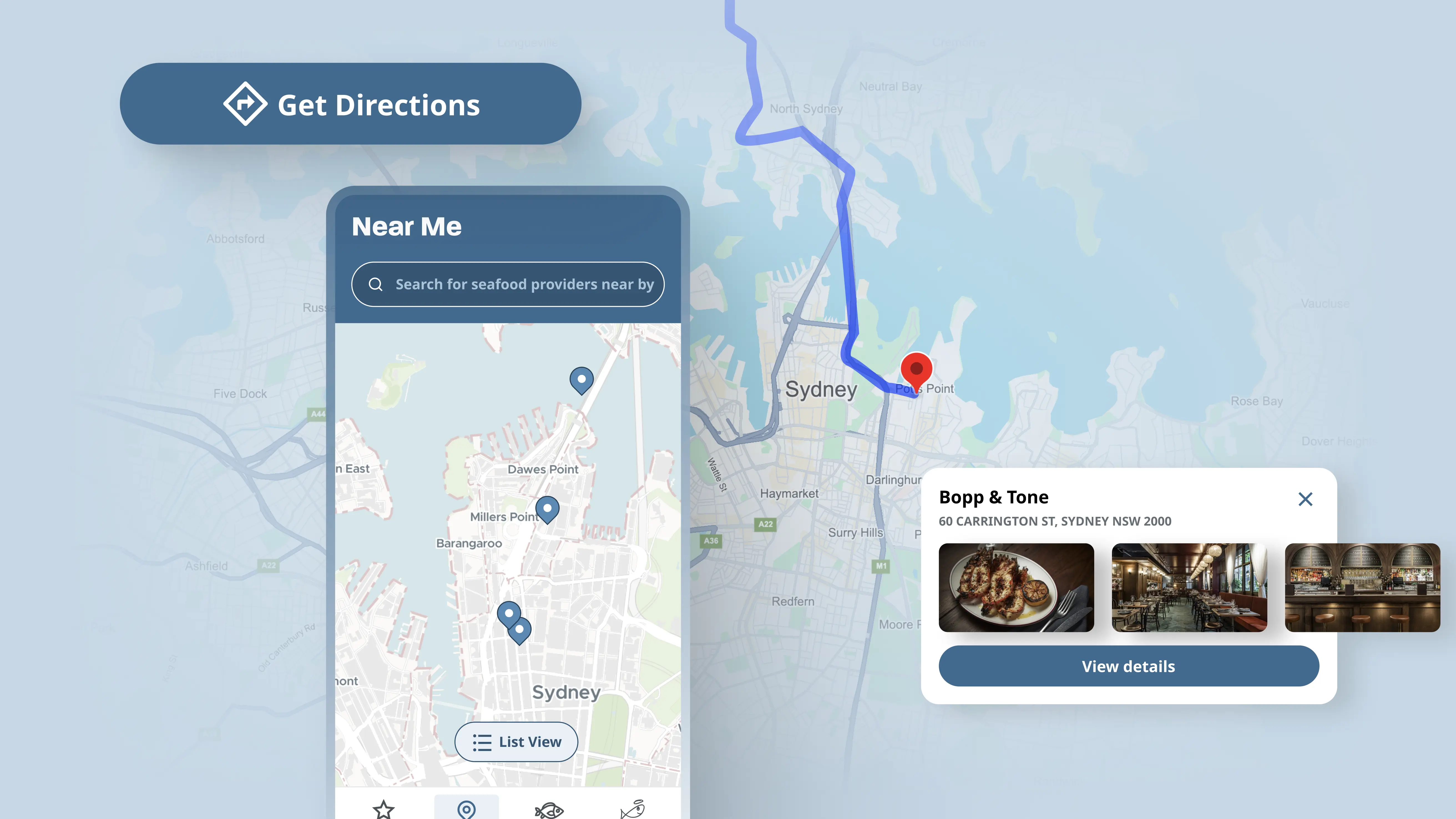 A feature that shows sustainable seafood providers near users on a map