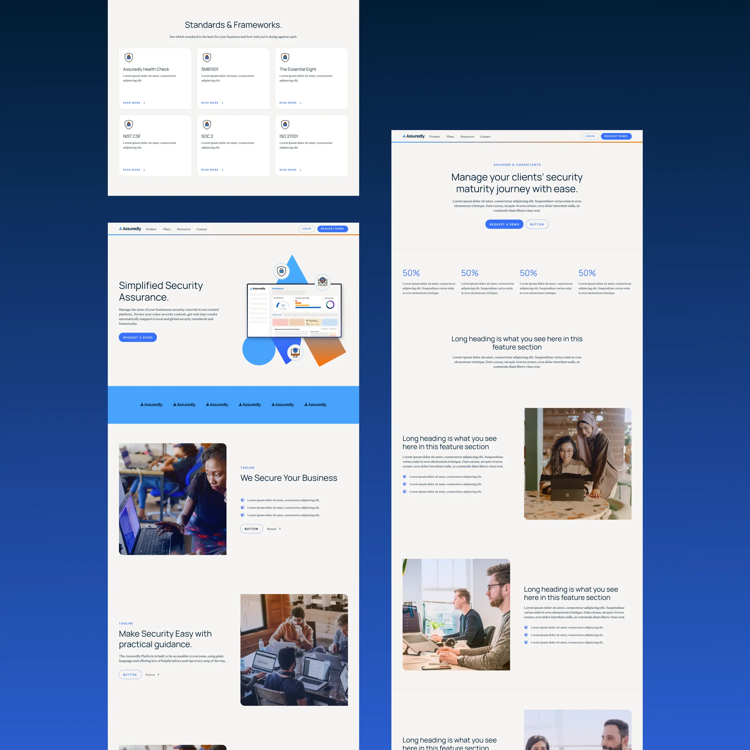 3 screens showing the branding for different features on Assuredly
