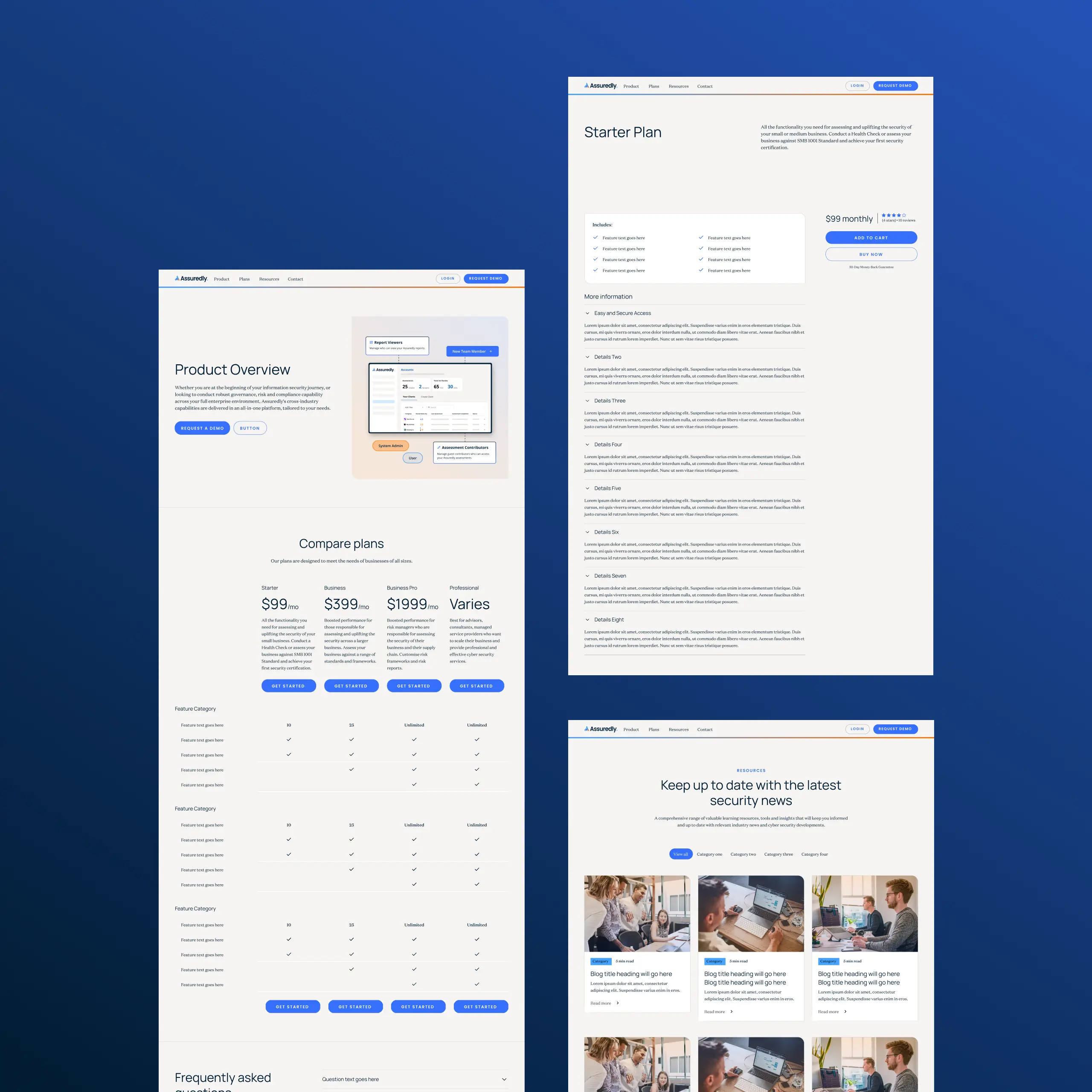 3 screens showing the branding for different features on Assuredly