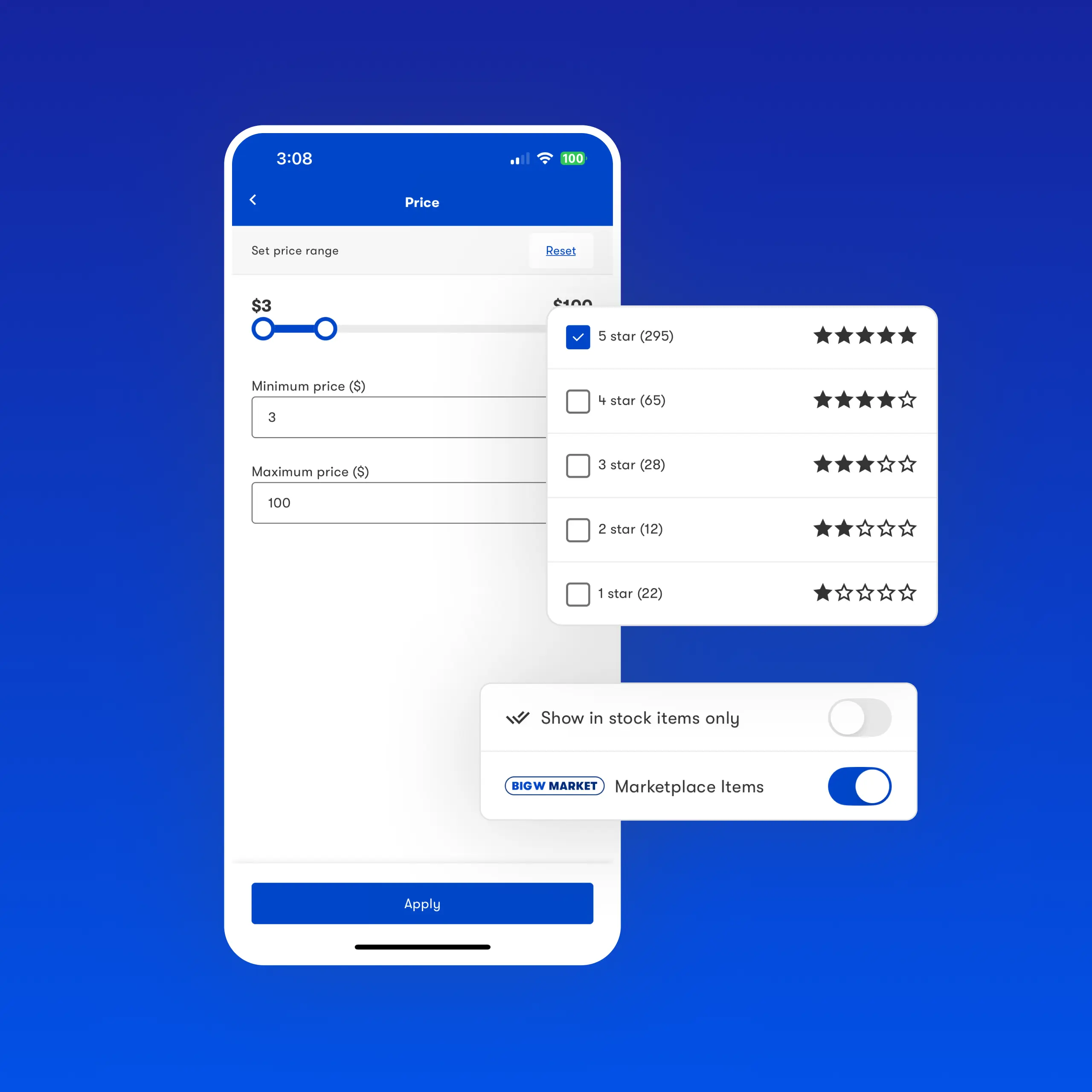 Optional filters on Big W app