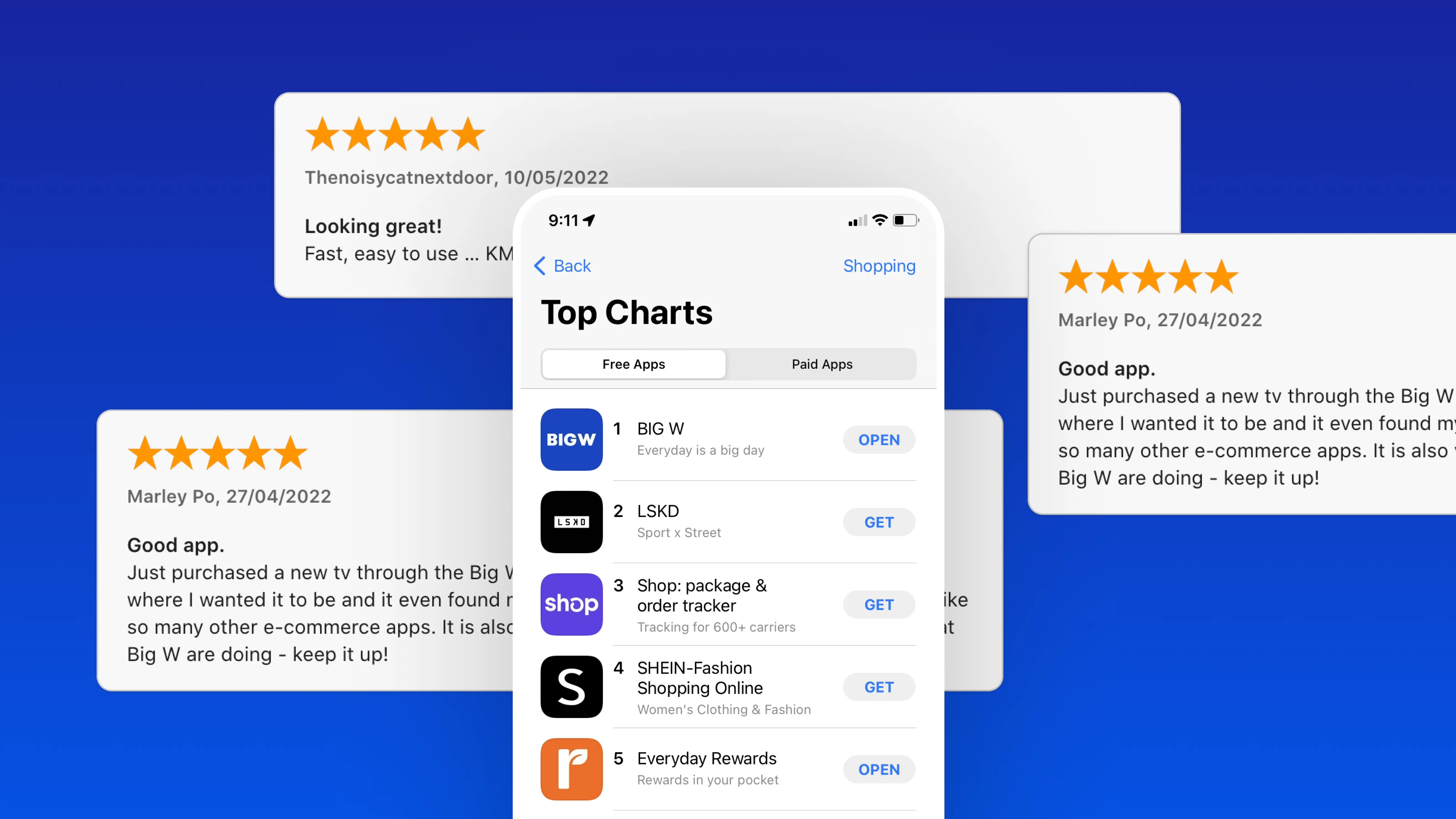 Big W app sitting at top position for e-commerce apps in App Store and 5 star ratings