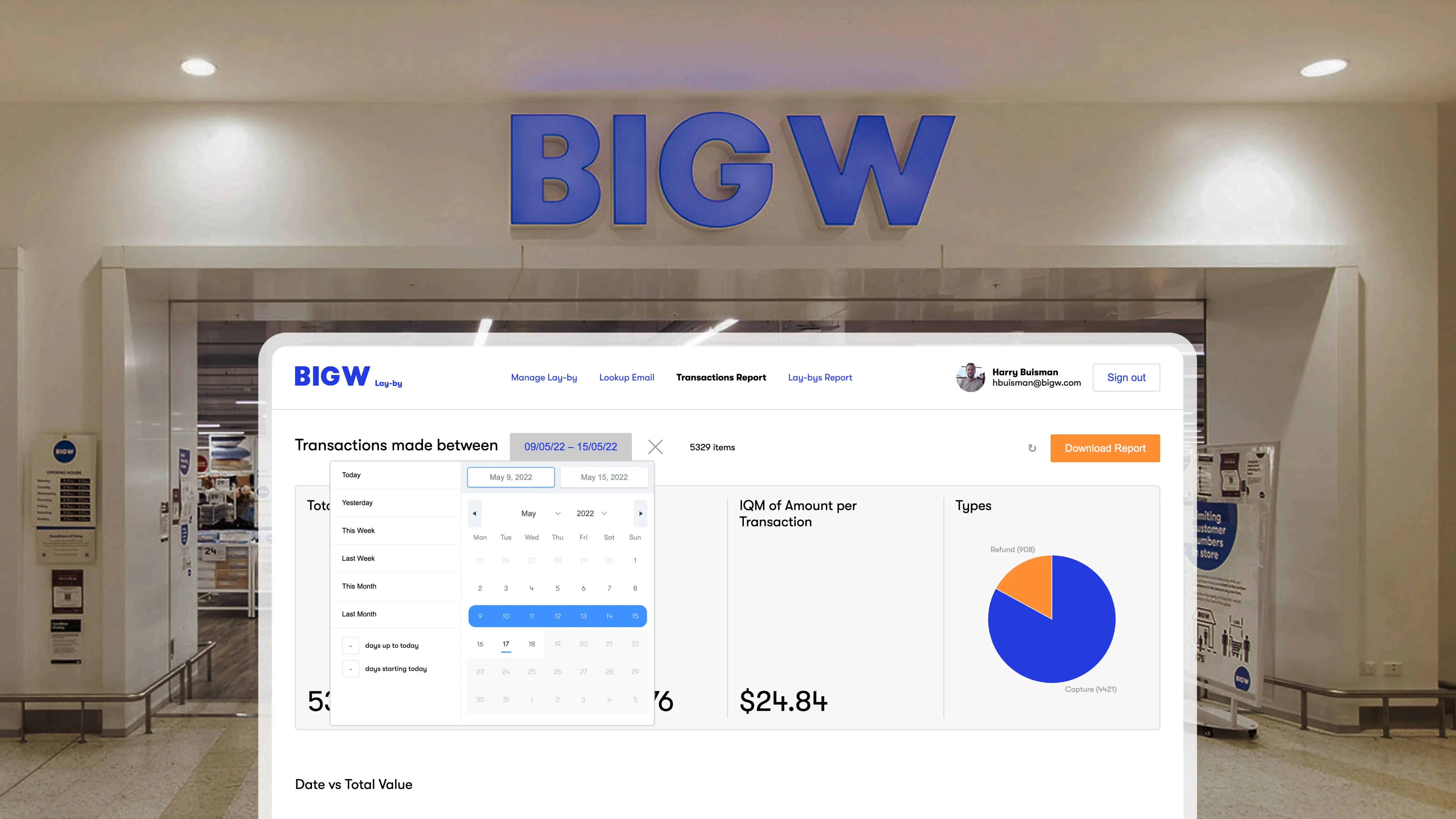 Big W Layby dashboard for employee facing platform