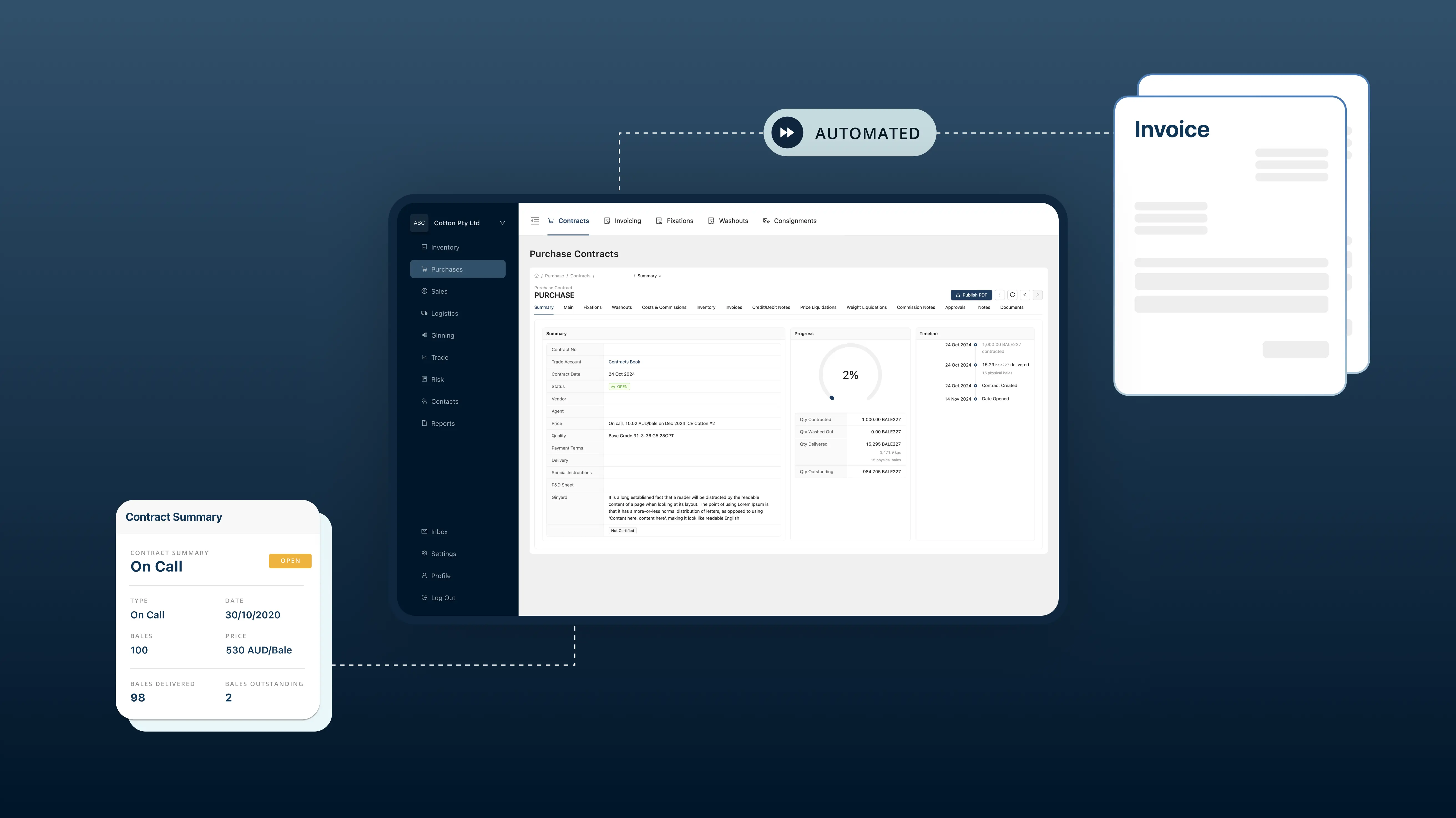 Tablet showing that Purchase contracts have automated invoice creation feature